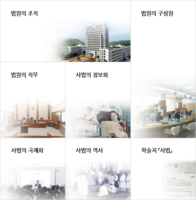 법원의 조직, 법원의 구성원, 법원의 직무, 사법의 정보화, 사법의 국제화, 사법의 역사, 학술지「사법」 